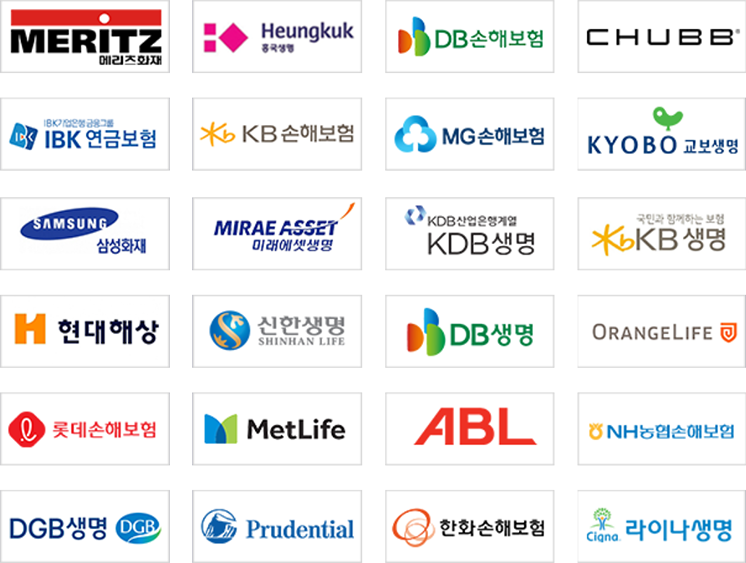 메리츠화재, 흥국생명, DB손해보험, CHUBB, IBK연금보험, KB손해보험, MG손해보험, 교보생명, 삼성화재, 미래에셋생명, KDB생명, KB생명, 현대해상, 신한생명, DB생명, 오렌지라이프, 롯데손해보험, MetLife, ABL, NH농협손해보험, DGB생명, Prudential, 한화손해보험, 라이나생명
